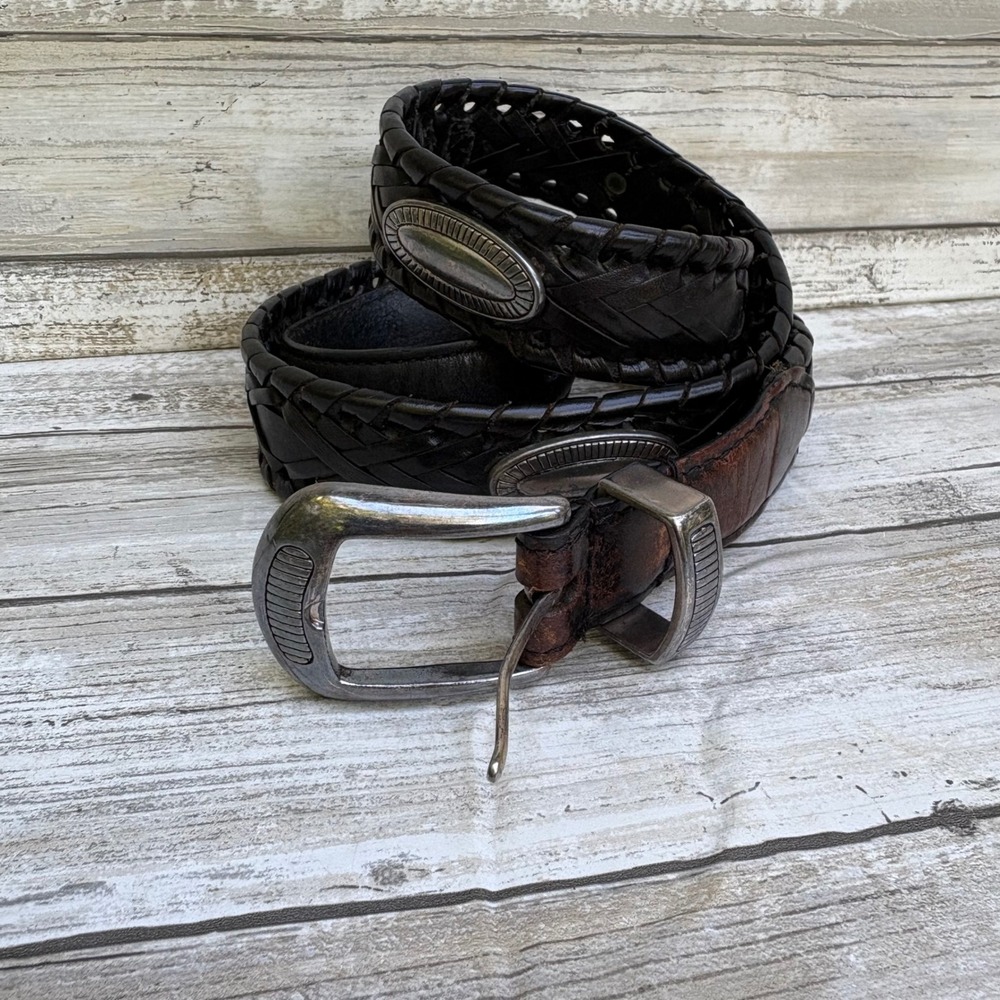 Fossil Braided Leather Belt 36 Black Western Concho Woven Full Grain Festival